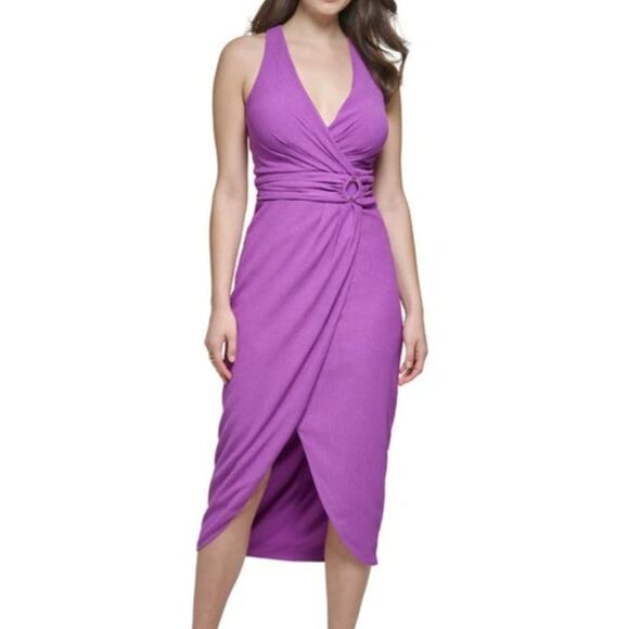 Guess Surplice Plunging Neckline Tulip Hem Midi Dress - Picture 1 of 5